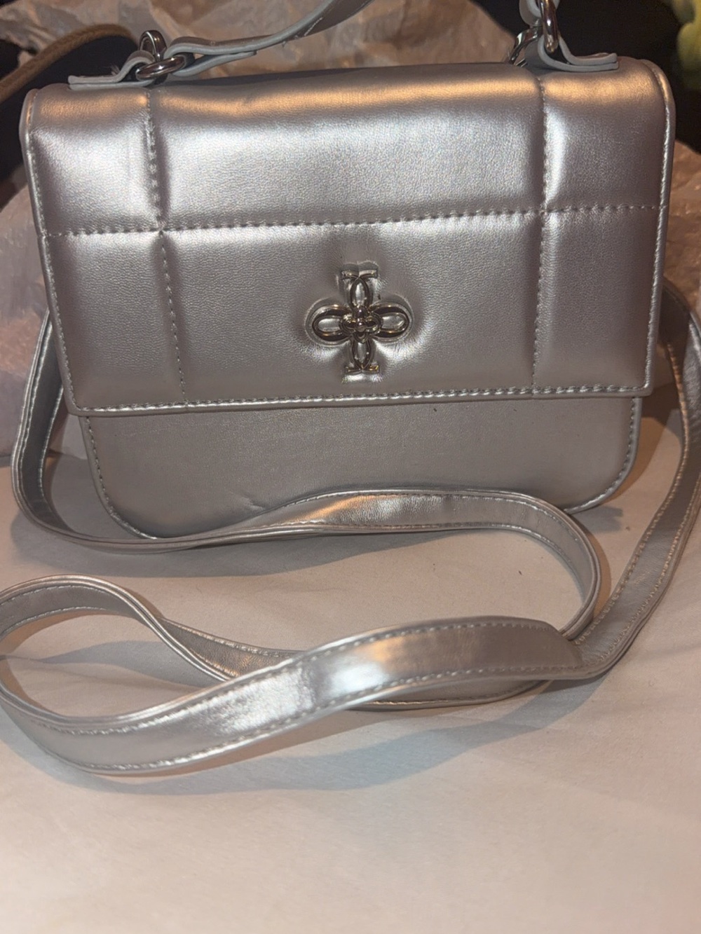 Silver Quilted Crossbody Shoulder Bag